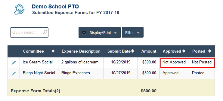 PTA Expense Form Detail