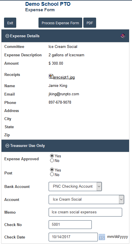 PTA Expense Form for the PTA Treasurer