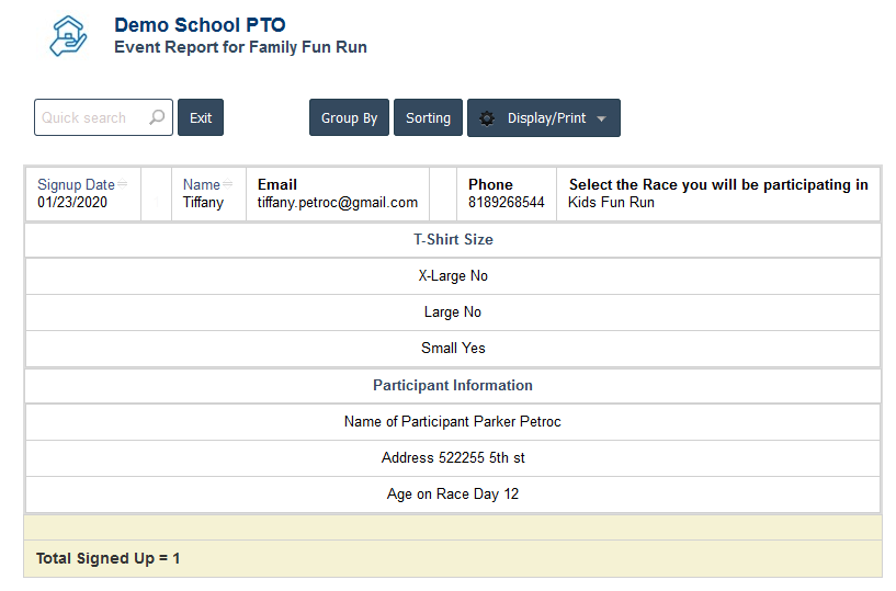 RunPTO Event Signup Report
