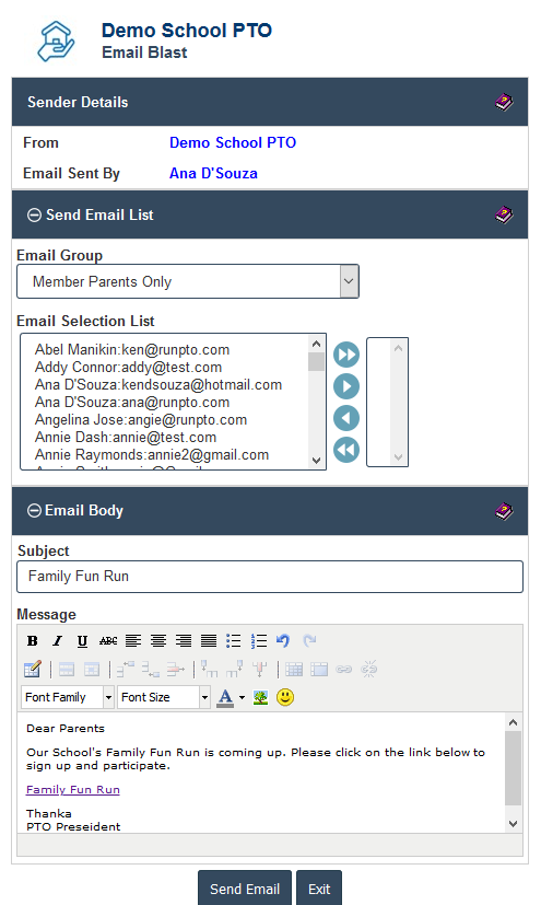 RunPTO Email Blast Feature