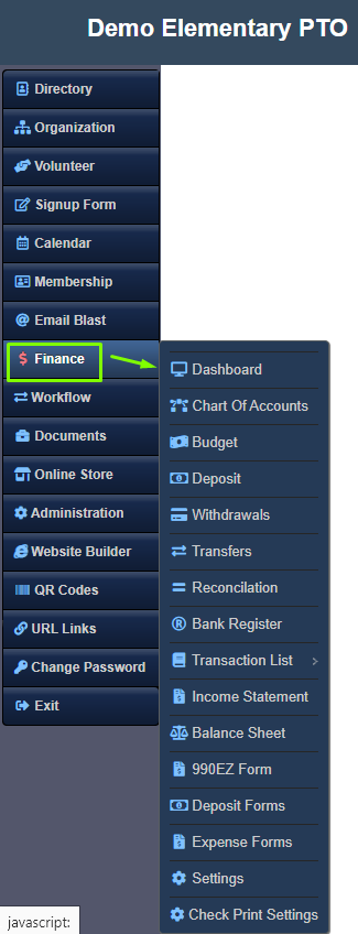 RunPTO Financial Accounting Menu