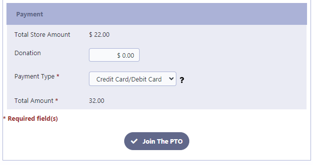 PTA Membership Signup Form Payment